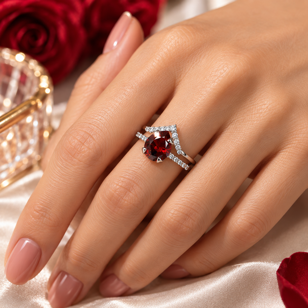 Women's Sterling Silver Red Crystal Double Band Ring